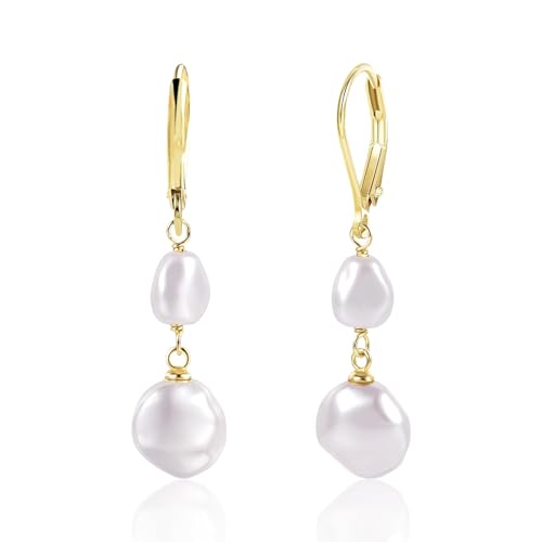 Mrltau 14K Gelbgold Perlenohrringe Damen, Hänger, Creolen, Hypoallergen, Weiß und Gold, 9 mm, 4 Perlen, Poliert, Hebel Rückseite, 59 Gramm, 11 cm x 11 cm x 0,9 cm von Mrltau