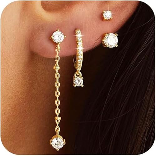 Mrltau 3 Paar Ohrringe für Mehrere Ohrlöcher, Ohrringe Gold Set, Ohrringe Gold Hängend, Stapelbar Ohrpiercing Gold, Cz Piercing Ohr Gold, Hypoallergen Ohrpiercing Gold von Mrltau