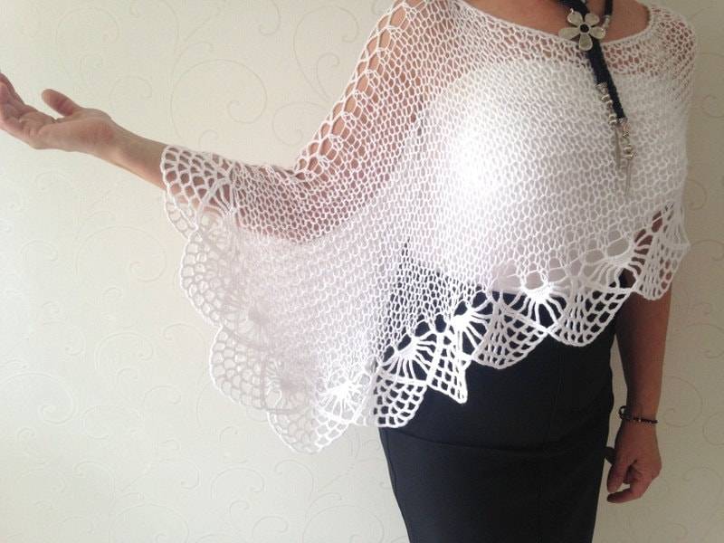 Weiße Braut Schal, Hochzeit Poncho, Umhang, Bolero, Cape, Achselzucken, Hand Stricken Frühling Weiße Sommer-Top von Mrlworks
