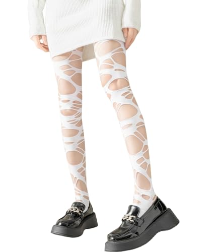 Mrotrida Damen Zerrissene Strumpfhose Gothic Punk Perforierte Strumpf Y2k Ragged Strumpfhosen Strumpfwaren, Weiss/opulenter Garten, Einheitsgr��e von Mrotrida