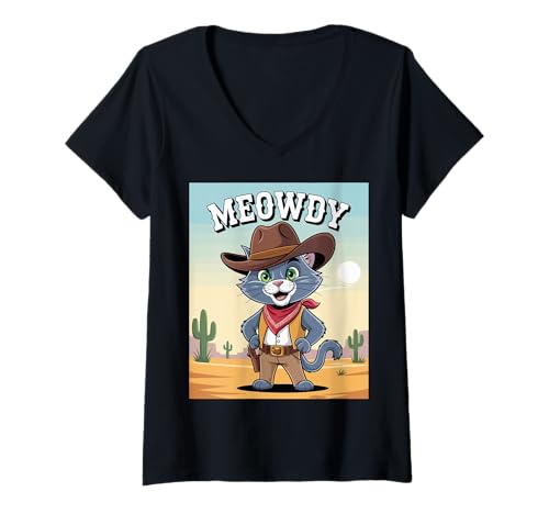 Damen Meowdy Cowboy Funny Cat Western Funny Kätzchen Cartoon T-Shirt mit V-Ausschnitt Damen Meowdy Cowboy Funny Cat Western Funny Kätzchen Cartoon T-Shirt mit V-Ausschnitt von Mrpotts73 Funny Cat
