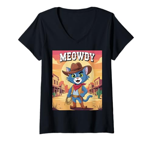Damen Meowdy Cowboy Funny Cat Western Funny Kätzchen Cartoon T-Shirt mit V-Ausschnitt Damen Meowdy Cowboy Funny Cat Western Funny Kätzchen Cartoon T-Shirt mit V-Ausschnitt von Mrpotts73 Funny Cat