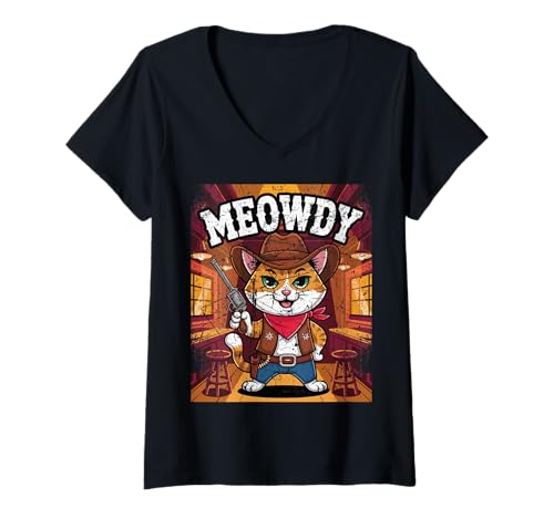Damen Meowdy Cowboy Funny Cat Western Funny Kätzchen Cartoon T-Shirt mit V-Ausschnitt Damen Meowdy Cowboy Funny Cat Western Funny Kätzchen Cartoon T-Shirt mit V-Ausschnitt von Mrpotts73 Funny Cat