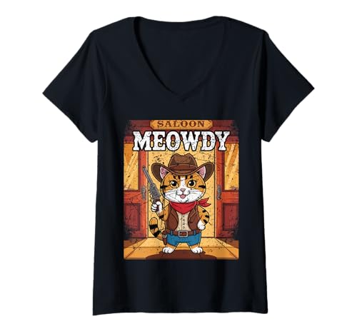 Damen Meowdy Cowboy Funny Cat Western Funny Kätzchen Cartoon T-Shirt mit V-Ausschnitt Damen Meowdy Cowboy Funny Cat Western Funny Kätzchen Cartoon T-Shirt mit V-Ausschnitt von Mrpotts73 Funny Cat