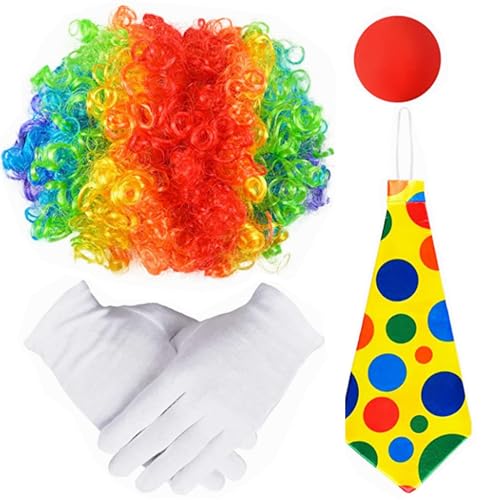 4 Stück Clown Kostüm Set,Clown Kostüm Accessoire,Clown Verkleiden Regenbogen Clown Lockenperücke Clown Nase Handschuhe Bunte Krawatte für Herren Damen Karneval Fasching Cosplay Halloween Kostümzubehör von Mrracxy