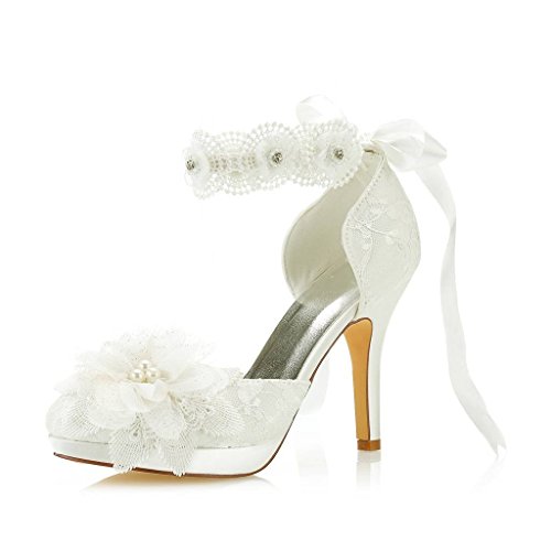 JIAJIA 3703L Damen Brautschuhe Closed Toe 8cm Stöckelabsatz Spitze Satin Plateau Pumps Satin Blumenband Krawatte Hochzeitsschuhe Farbe Elfenbein,Größe 38 EU (5 UK) von JIAJIA