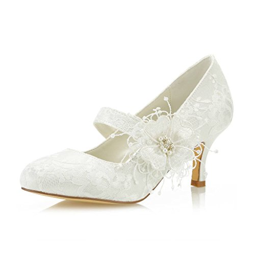 JIAJIA 586449B Damen Brautschuhe Geschlossene Schuhspitze 6,5 cm Stilettoabsatz Spitze Satin Pumps Satinblumen Imitation für Hochzeiten Farbe Elfenbein,Größe 41 EU (7 UK) von JIAJIA