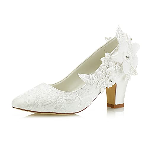 JIAJIA 62311 Damen Brautschuhe Closed Toe 7cm Chunky Heel Spitze Satin Pumps Satin Blume Hochzeitsschuhe Farbe Elfenbein,Größe 40 EU (6.5 UK) von JIAJIA