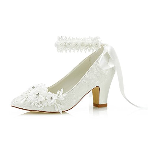 JIAJIA 62311B Damen Brautschuhe Geschlossene Spitze 7cm Blockabsatz Satin Pumpen Satin Blumenband Krawatte Hochzeitsschuhe Farbe Elfenbein,Größe 40 EU (6.5 UK) von JIAJIA