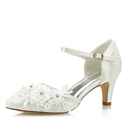 Mrs White 453-4A Damen Hochzeit Schuhe 6cm Kegel Ferse Spitze Satin Diamant Abschlussball Brautschuhe, 42 EU von Mrs White