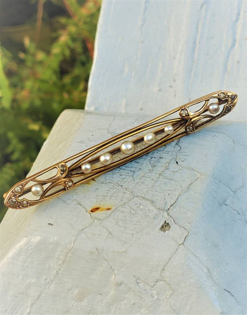 Krementz 1920S Seed Pearl Diamantrosenschliff Bar Anstecknadel 14K Brautschmuck von MrsGotrocksJewelry
