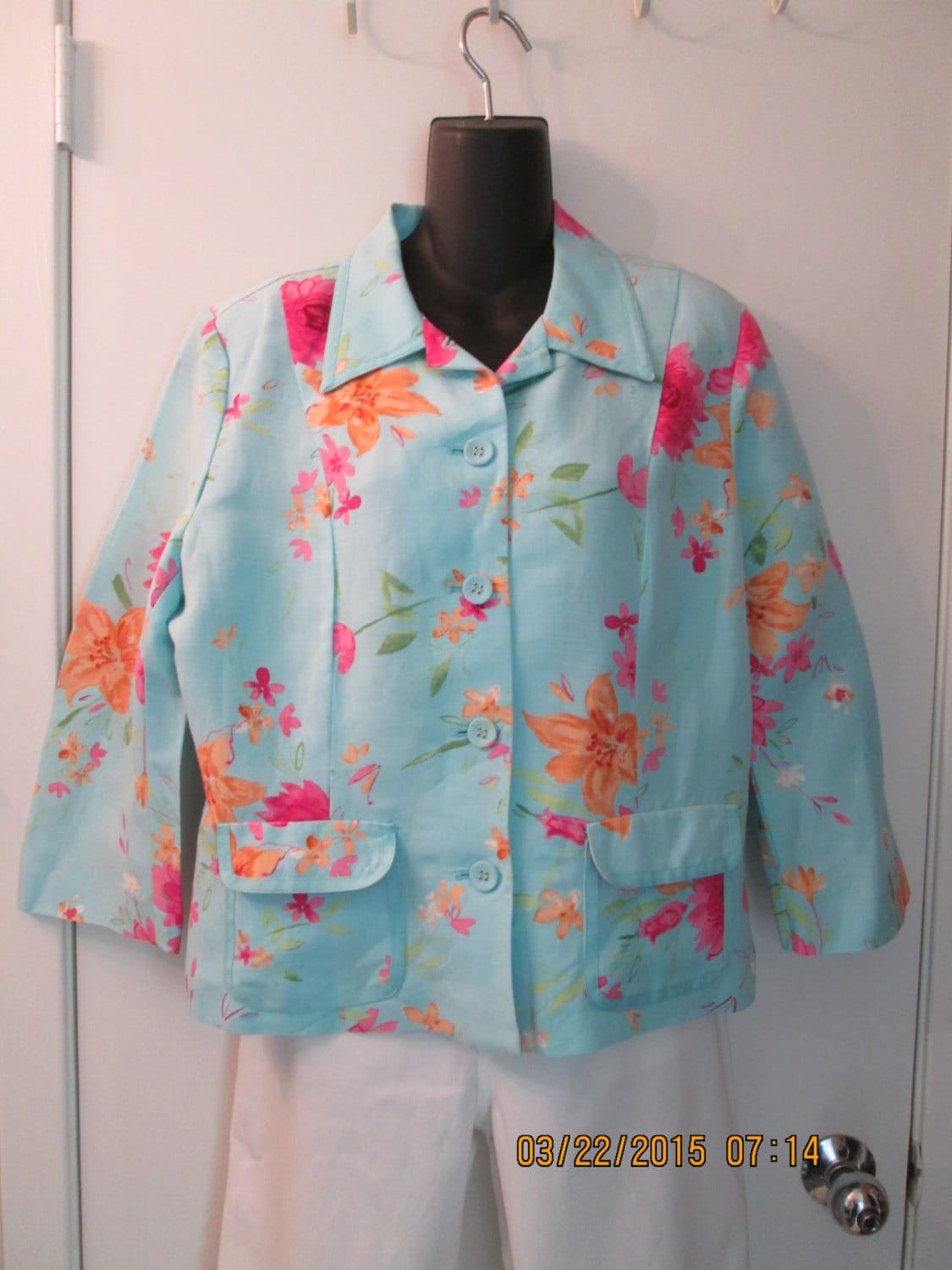 Emma James Größe 12 Leinen Und Rayon Jacke in Wunderschönen Frühlingsfarben. Vintage. Hervorragender Zustand von MrsHummelsBasement