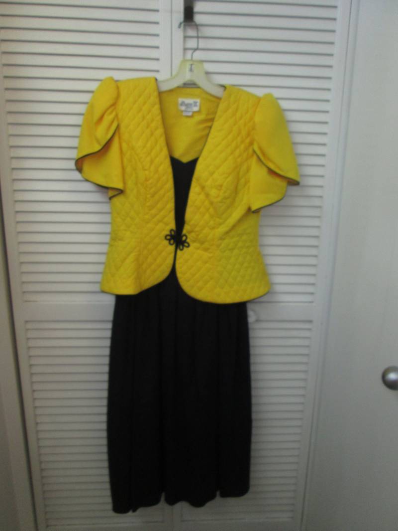 Jahrgang 1. Akt in Usa 100 % Baumwolle Spaghetti Träger Voller Marine-Kleid W/Untere Krinoline Futter Hell Gelb Kurzarm Jacke Gemacht. Vtg 14P von MrsHummelsBasement