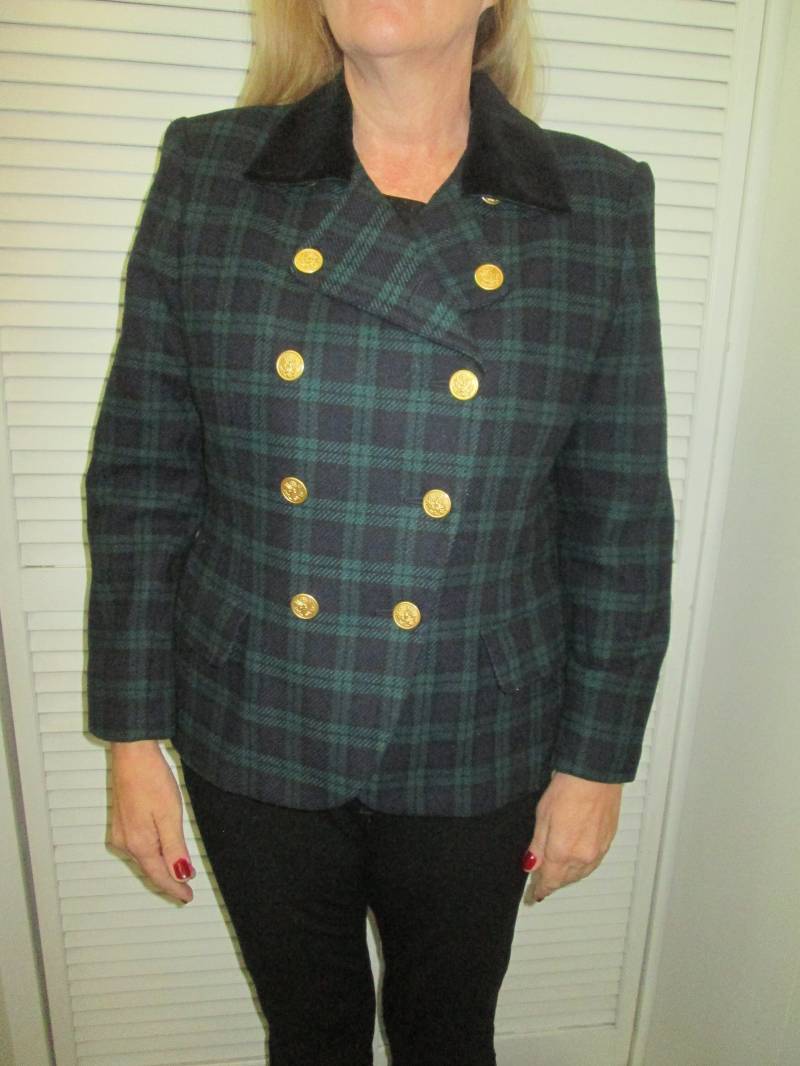 Jahrgang Tartan-Karo Blazer-Jacke Mit Samt Kragen Und Messing-Tasten. Lord Taylor-Label. Adrette Boho Zweireiher Wolle Blazer von MrsHummelsBasement