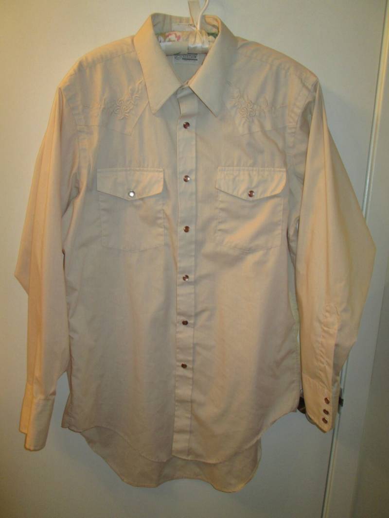 Vintage Stetson Beige Perlmuttknopf Sattel Schweif Westernhemd. Made in Usa. Herren L 16 1/2-34. Bereit Für Rodeo-Saison von MrsHummelsBasement