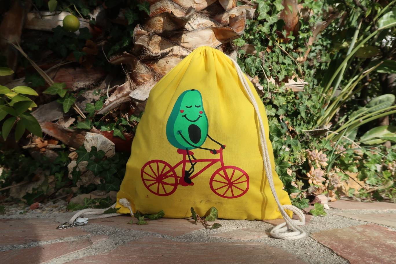 Avocado Fahrrad Turnbeutel Beutel Tasche Gelb/Bike Gym Bag Yellow - Handprinted von MrsSoleilMrsLune