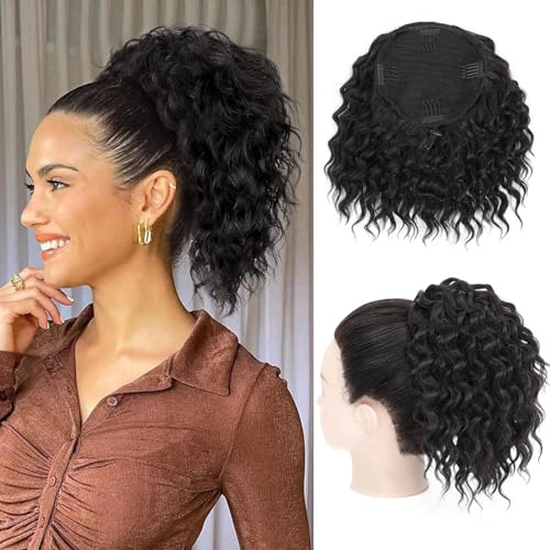 MS TAJ Pferdeschwanz-Extensions,Curly drawstring Ponytail Extension, 20cm Natural Black Natural Soft Curly Haarverlängerung Ponytail Synthetic Haarteil für Frauen von Ms Taj