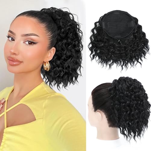 MS TAJ Pferdeschwanz-Verlängerung,Curly drawstring Ponytail Extension, 20cm Black Natural Soft Curly Clip in Ponytail Synthetic Haarteil für Frauen von Ms Taj