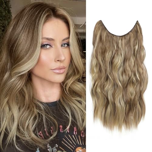 Ms Taj Invisible Secret Wire Extensions 40cm,mit Einstellbarer Größe Helles Aschbraun mit Blond Lange Synthetik mit Clips ein Stück lockiges Haarteile für Frauen von Ms Taj