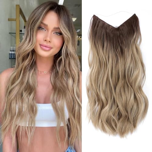 Ms Taj Invisible Secret Wire Extensions 40cm,mit Einstellbarer Größe Ombre Blonde Haarverlängerung Lange Synthetik mit Clips ein Stück lockiges Haarteile für Frauen von Ms Taj