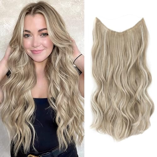 Ms Taj Invisible Secret Wire Extensions 50cm,Aschblonde Extensions lange mit Einstellbarer Größe,ein Stück Synthetik lockiges Haarverlängerungen Clip in Haarteile für Frauen von Ms Taj
