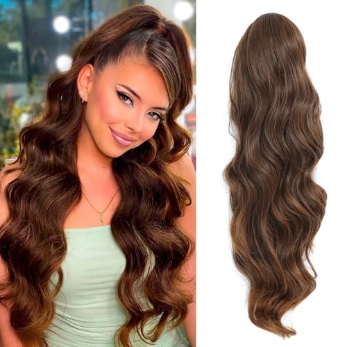 Ms Taj Pferdeschwanz-Extensions,66cm mit Kordelzug Light Reddish Brown Curly Wavy Clip in Ponytail Hair Extensions, geschichtetes synthetisches Haarteil für Frauen von Ms Taj