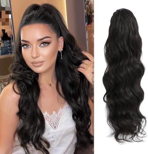 Ms Taj Pferdeschwanz-Verlängerung,66cm mit Kordelzug Natural Dark Brown Curly Wavy Clip in Ponytail Hair Extensions, geschichtetes synthetisches Haarteil für Frauen von Ms Taj