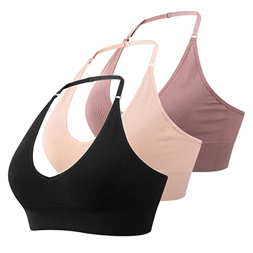 MsAnya Damen Neckholder-BH Top Yoga Bralette Crop Tanks Workout Sport BHs V-Ausschnitt mit verstellbarem Riemen nahtlos gepolstert, Bk+bn+nackt, Large von MsAnya