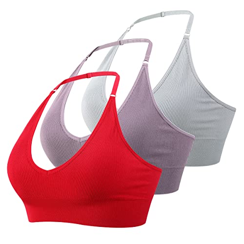 MsAnya Damen Neckholder-BH Top Yoga Bralette Crop Tanks Workout Sport BHs V-Ausschnitt mit verstellbarem Riemen nahtlos gepolstert, Gy+rd+pp, Large von MsAnya