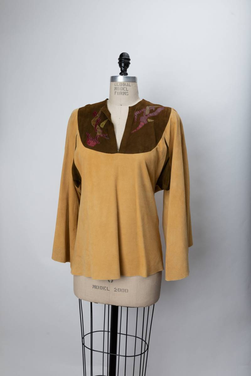 Vintage 1970Er Jahre Boho Hippie Wildleder Und Schlangenhaut Appliqué Top Bluse Mit Langen Ärmeln Von Skin Stickers By Michel & Anouchka von MsMalenasVintage