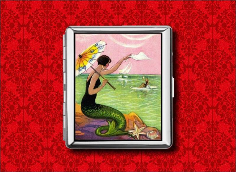 Meerjungfrau Art Nouveau Deco Meer Sonnenschirm Ozean See Metall Brieftasche Versteck Geschäft Kreditkarte Zigarette Id Ipod Halter Box Case von MsScaryCreations