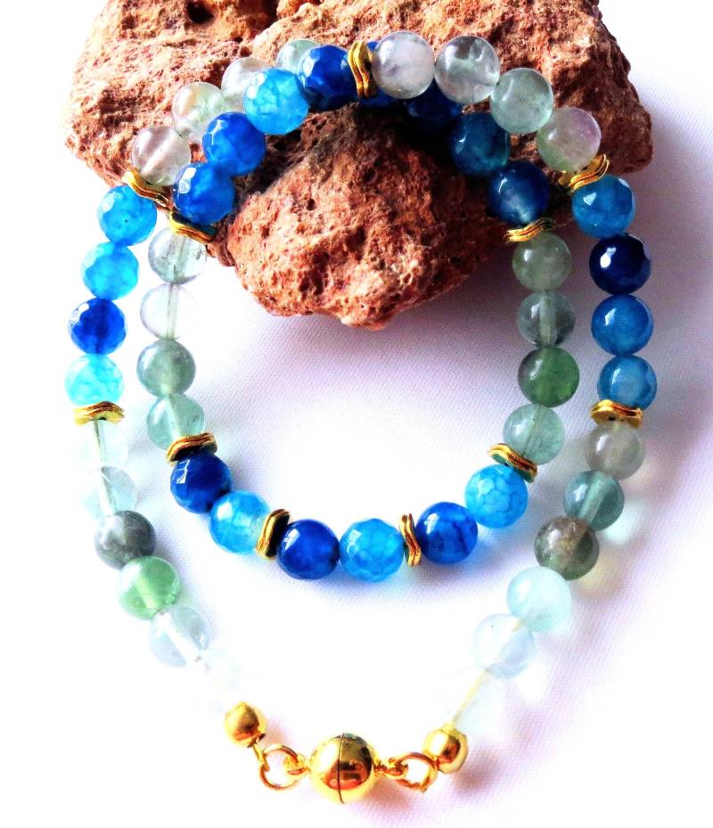 Achat-Fluorit Kette Halskette Mit Natürlichen Perlen Perlenkette Edelsteine Edelsteinschmuck Unisex von MsSchmuck