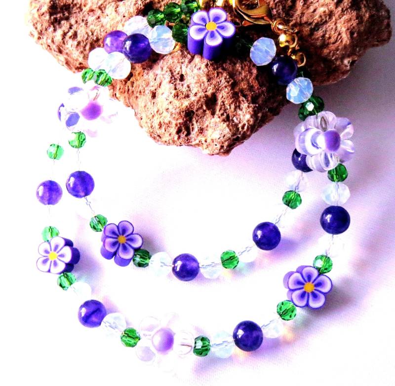 Amethyst-Opalit Kette Mit Fimo Und Acryl Blumen Mädchen Frauen-Schmuck Geschenk Geburtstag von MsSchmuck