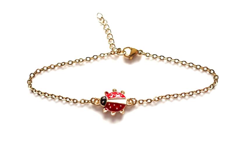 Armkettchen Aus Lonenbeschichtete Ip Edelstahlkette Mit Emaille Marienkäfer Glückskäfer Armkette Gliederarmband Freundschaftsarmband von MsSchmuck