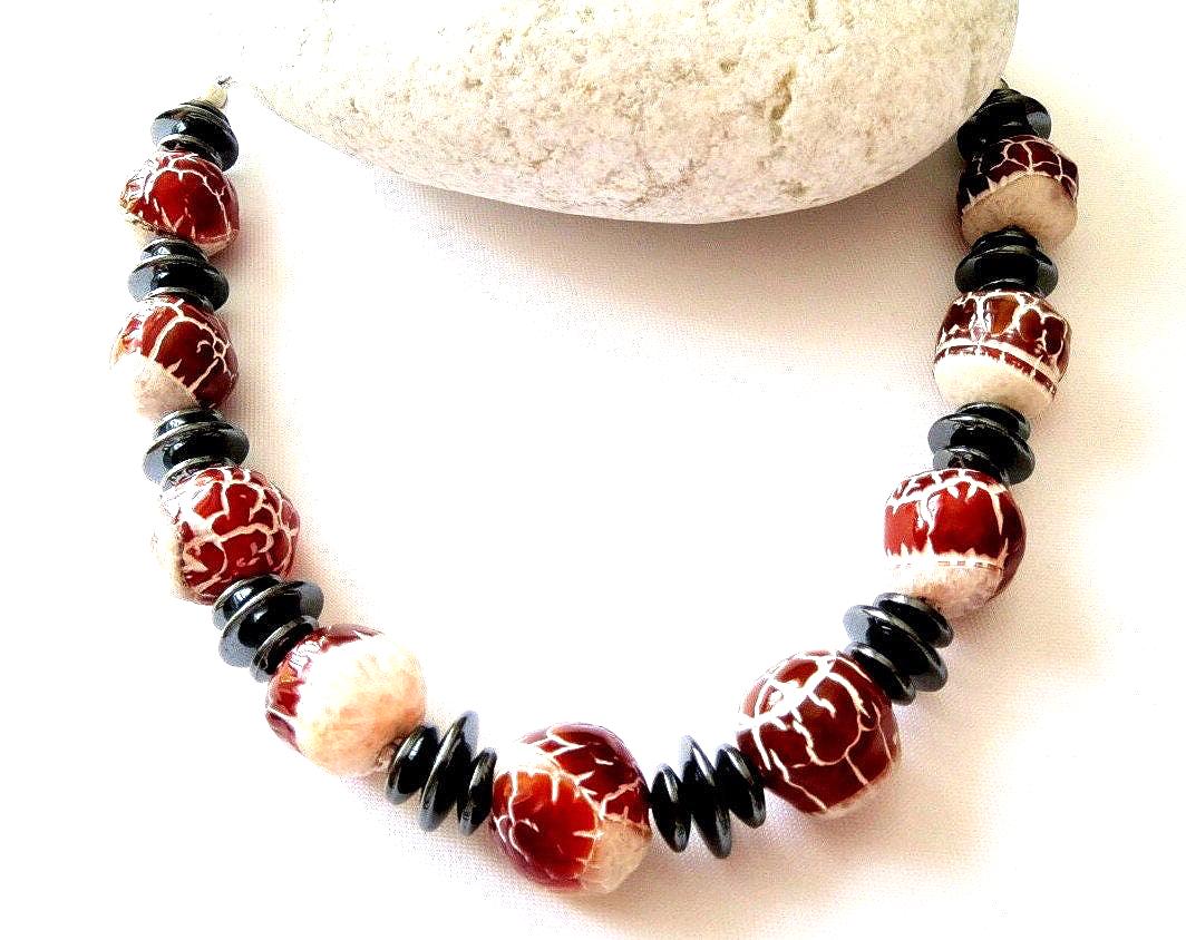Feuerachat-Hämatit-Edelstahl Kette Perlenkette Halskette Mit Natürlichen Perlen Schwarz Rot -Silber 49 cm Geschenk Geburtstag von MsSchmuck