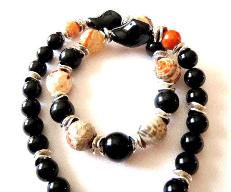 Feuerachat-Onyx Kette Collier Edelsteinkette Edelsteinschmuck Perlenkette Unisex Edel Elegant 49.5 cm Geschenk Geburtstag Muttertag von MsSchmuck