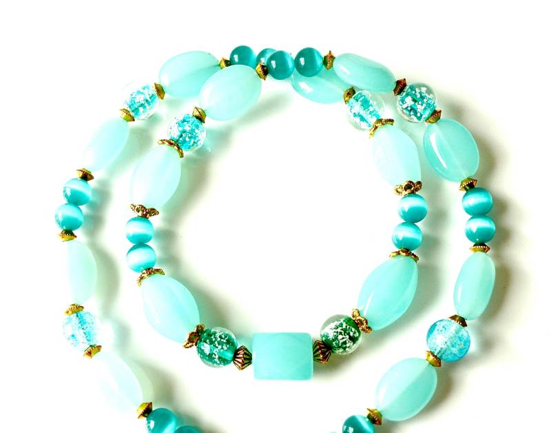 Halskette Mit Aquamarin-Quarz Lampwork Glas Und Cateya Perlen Perlenkette Perlenmix Minimalistisch von MsSchmuck