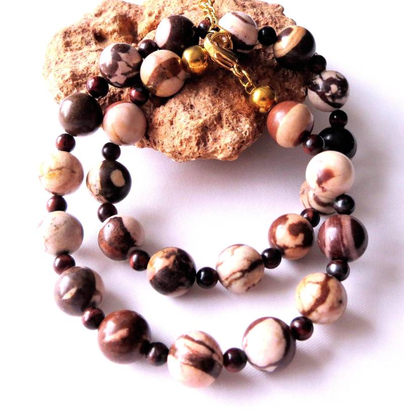 Halskette Mit Natürlichen Zebra Jaspis Perlen Edelsteinschmuck Unisex Geschenkidee 47 cm von MsSchmuck