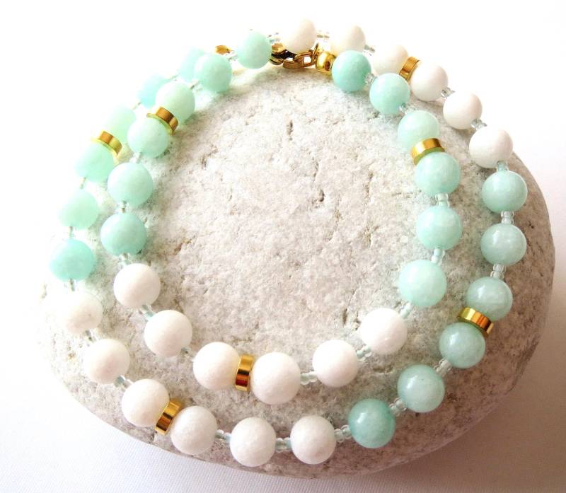 Jade-Kette Collier in Zwei Farben Natürliche Perlen Edelsteinkette Halskette Mit Geschenkidee 45.5 cm von MsSchmuck