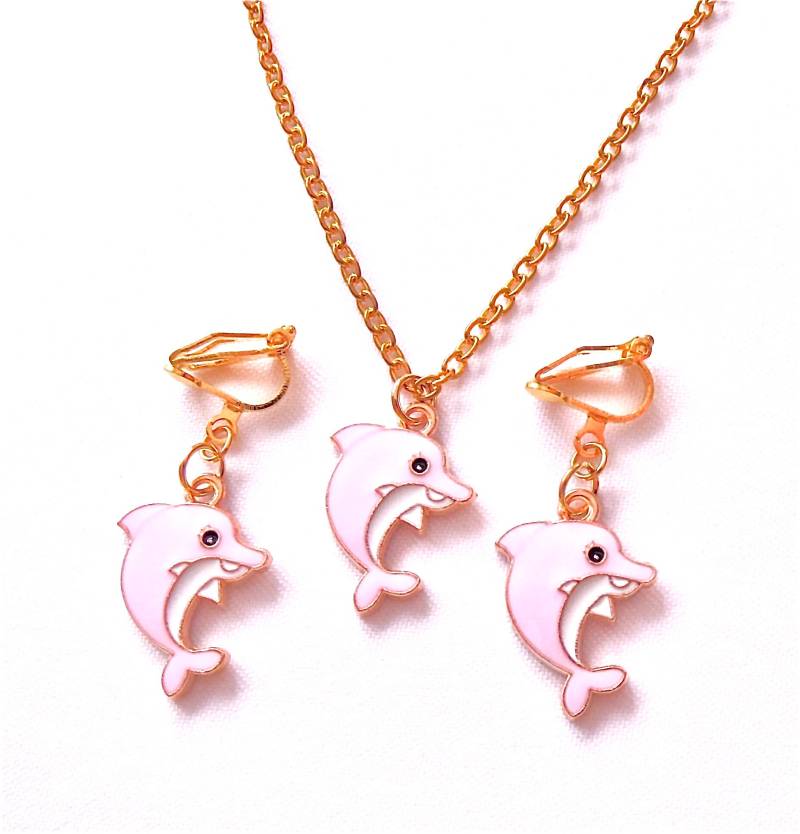 Kinder-Schmuckset Kette Und Ohrclips „Delfine"Kinderschmuck Mädchenschmuck Schmucksets Geschenkidee von MsSchmuck