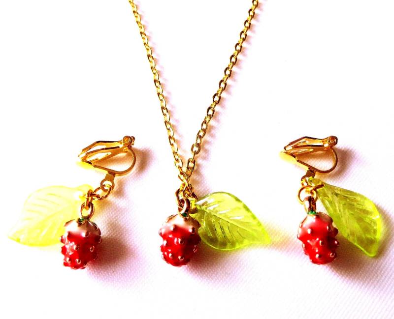 Kinderschmuckset Kette Und Ohrclips "Erdbeeren" Kinderschmuck Schmucksets Mädchenschmuck Geschenk Geburtstag von MsSchmuck