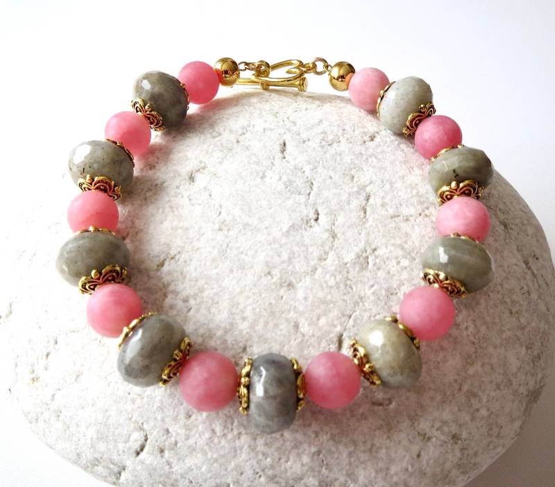 Labradorit-Jade Armband Perlenarmband Naturperlen Edelsteinarmband Unisex 21 cm von MsSchmuck