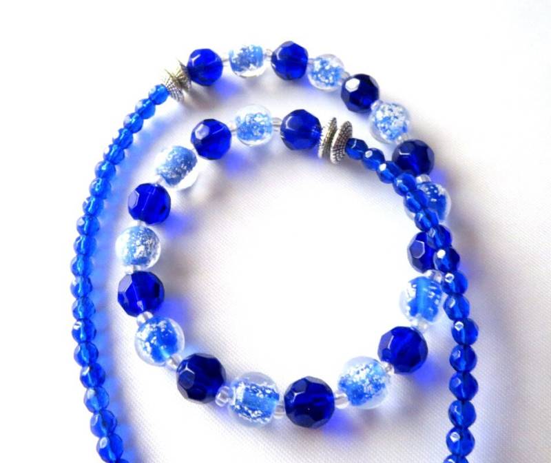 Lampworkperlenkette Mit Glasschliffperlen Perlenkette Halskette Blau 47 cm von MsSchmuck