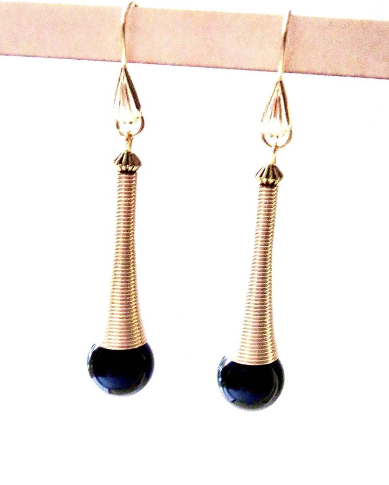 Lange Ohrhänger Mit Schwarzen Onyx Perlen Ohrschmuck Natürliche Edelsteine Unisex von MsSchmuck