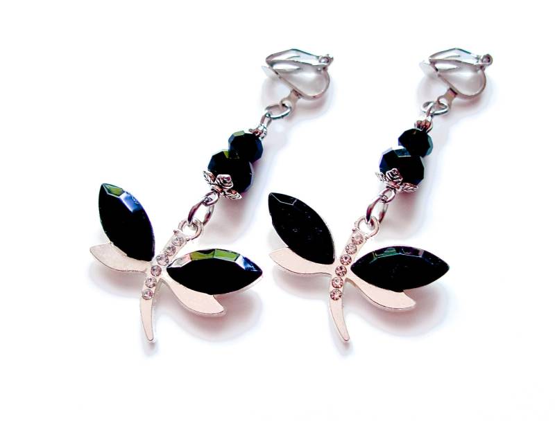 Leichte Ohrclips Mit Schwarzen Libellen Und Perlen Ohrschmuck von MsSchmuck