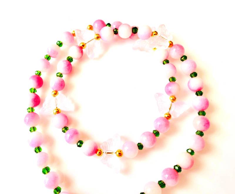 Mädchen-Jade-Kette Mit Zartrosa Glas-Schmetterlingen Mädchenschmuck Kinderschmuck von MsSchmuck