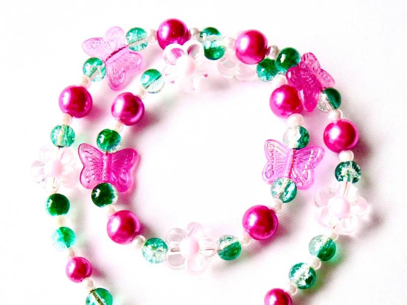 Mädchenkette Mit Blumen Und Schmetterlingen in Pink-Rosa-Grün Mädchenschmuck Kinderschmuck Kinderkette Geschenk Geburtstag Mitbringsel von MsSchmuck
