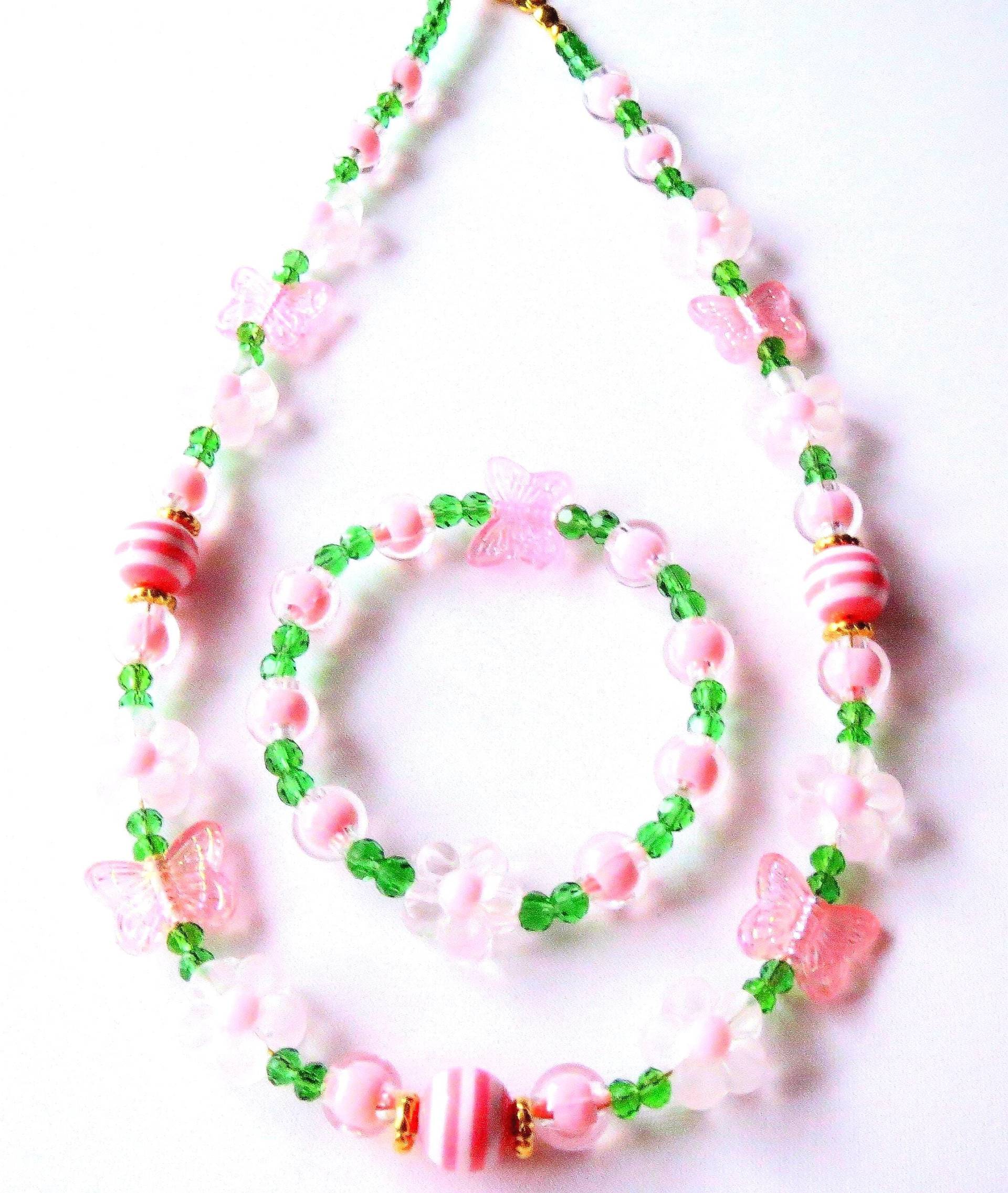 Mädchenschmuckset Kette Und Armband Mit Blumen Perlen Schmetterlingen Aus Harz Glas Acryl Schmucksets Mädchenschmuck Kinderschmuck von MsSchmuck