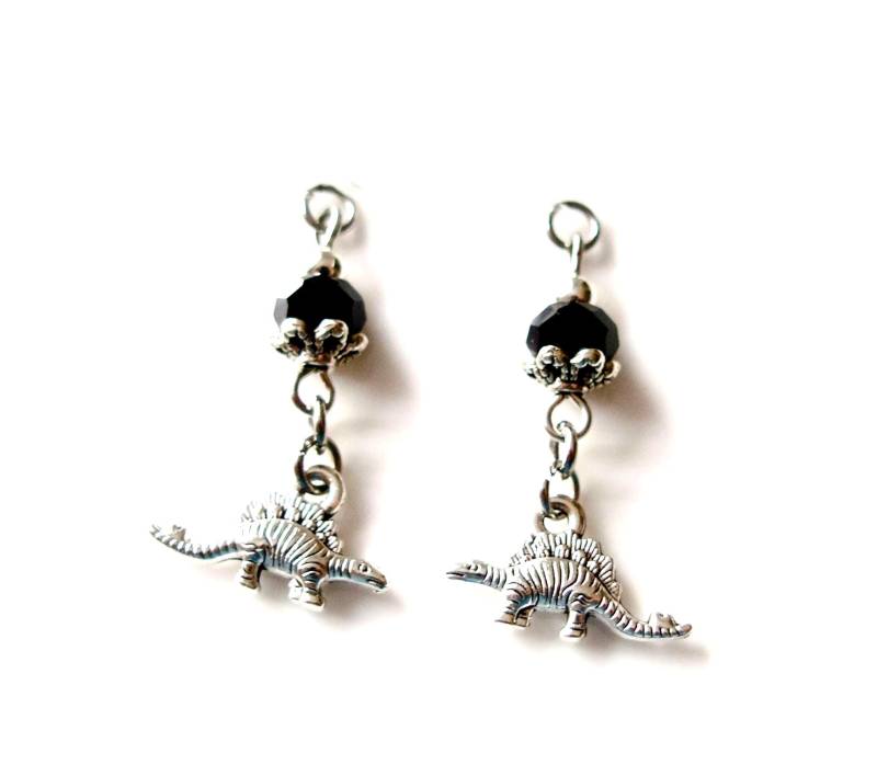 Schmerzfreie Ohrclips Mit Schwarzen Glasperlen Und Kleinen Metall-Dinosaurier Ohrringe Ohne Ohrloch Ohrschmuck Kinderschmuck Unisex von MsSchmuck