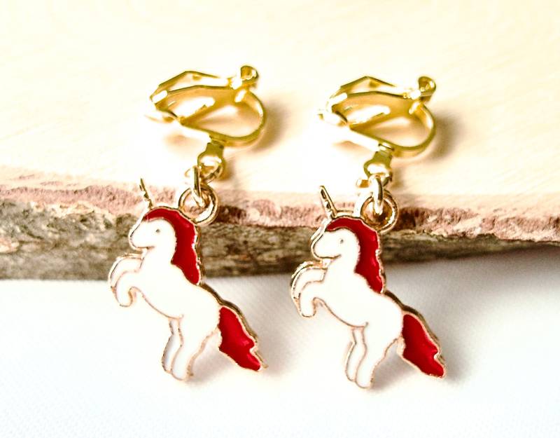 Ohrclips/Ohrringe Mit Weiß-Roten Emaille Einhorn-Anhängern Ohrschmuck Kinderschmuck Ab 3 Jahren Mädchenschmuck Geschenk Geburtstag von MsSchmuck